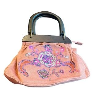 Vintage Beaded Embroidered Faux Velvet Mauve Pink Wooden Handles Boho Handbag